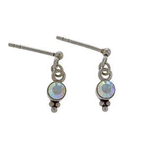 Vintage Sterling Silver 925 Caviar Accent Iridescent Crystal Dangle Earrings